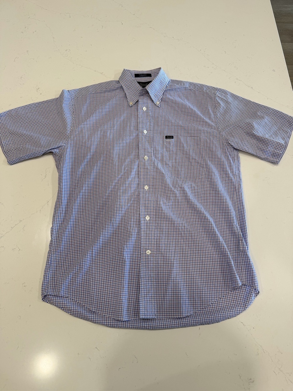 Faconnable Men’s Blue and White Checked Short-Sleeve Button-Down Shirt - Medium